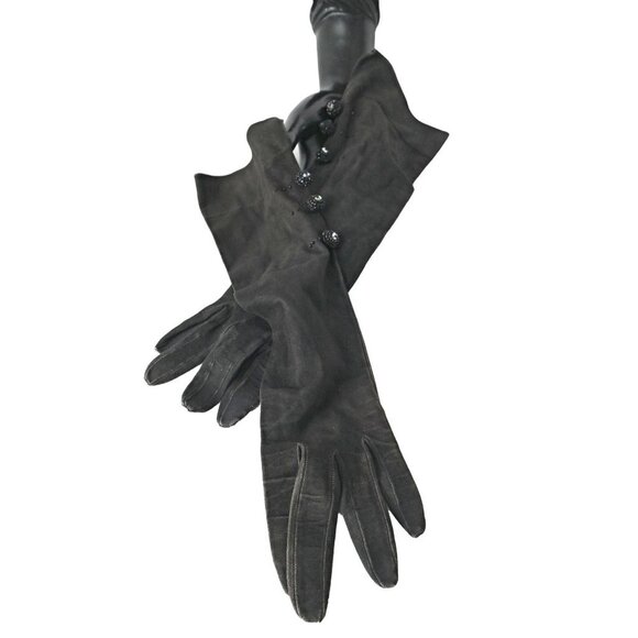Vintage Evening Gloves Black Suede & Aurora Borealis Beading Evening Gloves Dres - Picture 1 of 5